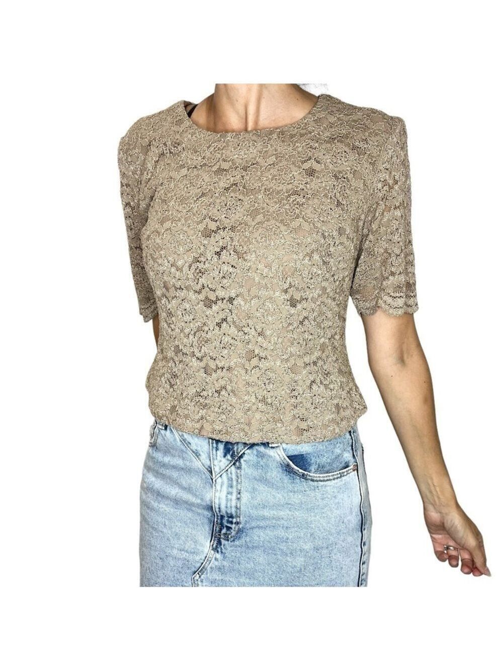 Vintage 70s 80s taupe brown lace old money quiet luxury short sleeve blouse